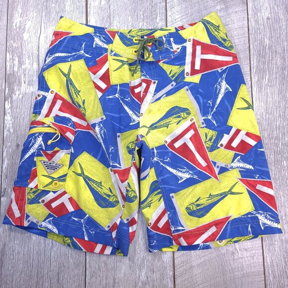 Columbia PFG Board Shorts Mens 32 Blue Yellow Pull On Swim Surf Beach Trunks - Picture 1 of 7